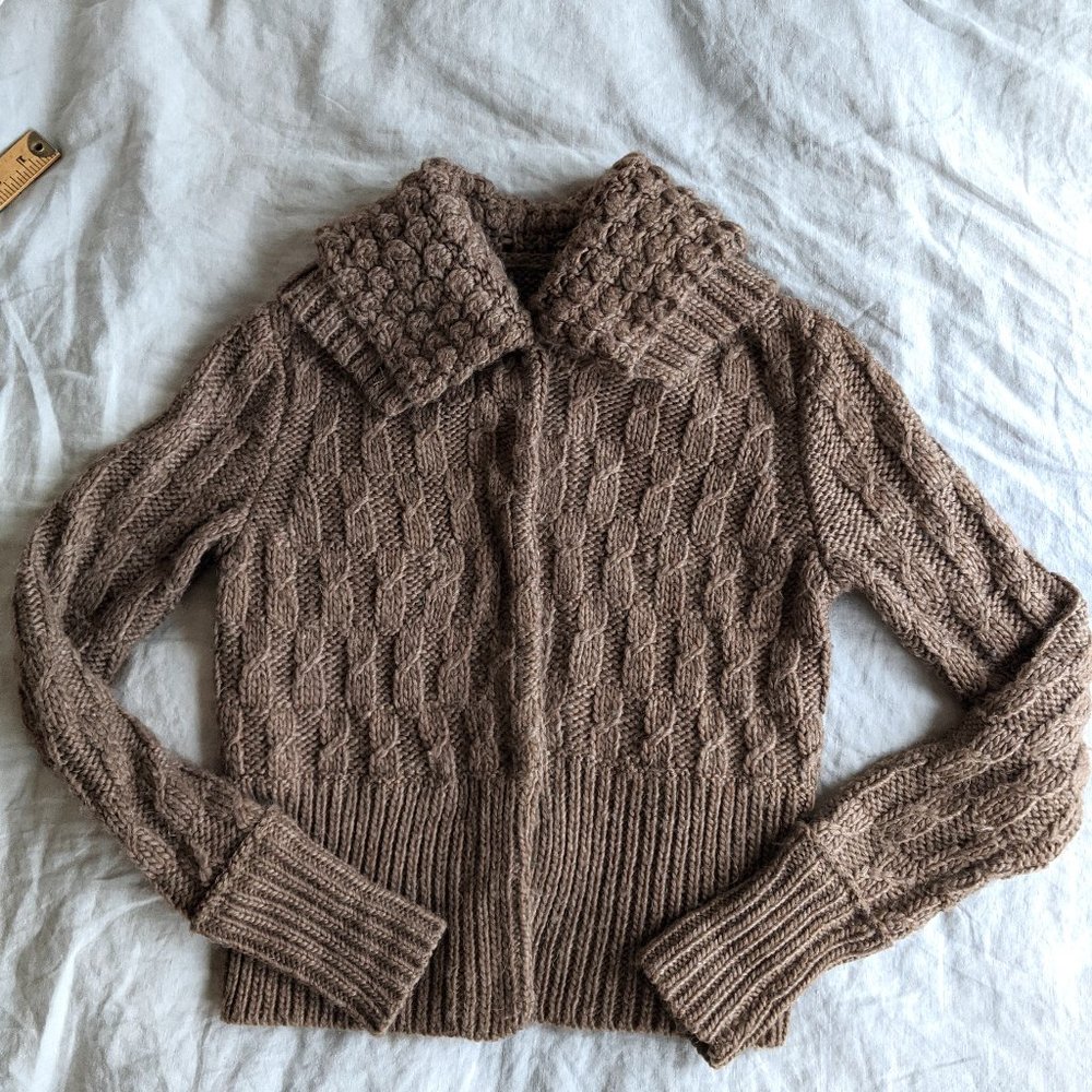 sweater S brown wool blend warm cable cardigan